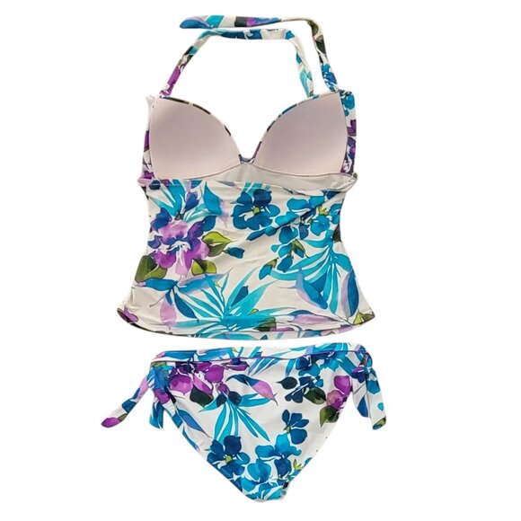 Leilani Floral 2 Piece Tankini Swim Suit Halter Top with Bikini Bottoms Sz 14 - Picture 2 of 11